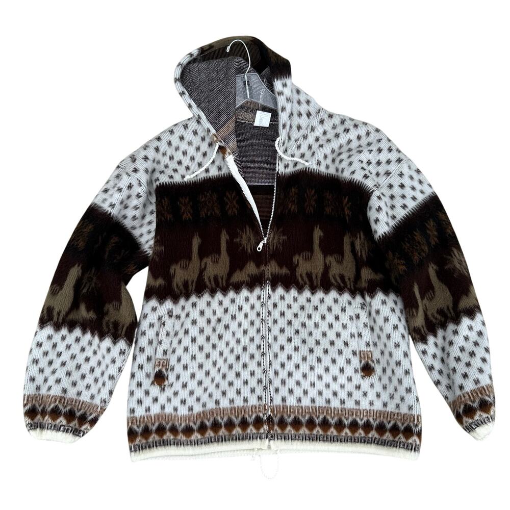 Aly Marka Wool Alpaca Print Full Zip Hoodie Sweater Jacket White Brown Size XL